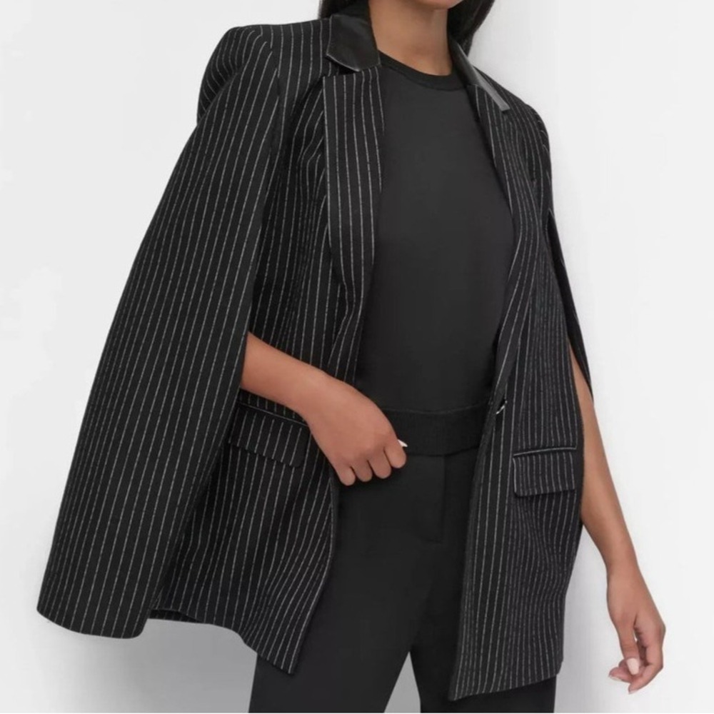 DKNY Pinstriped Cape‎ Jacket Button Closure Collared Black Womens Size L NWT